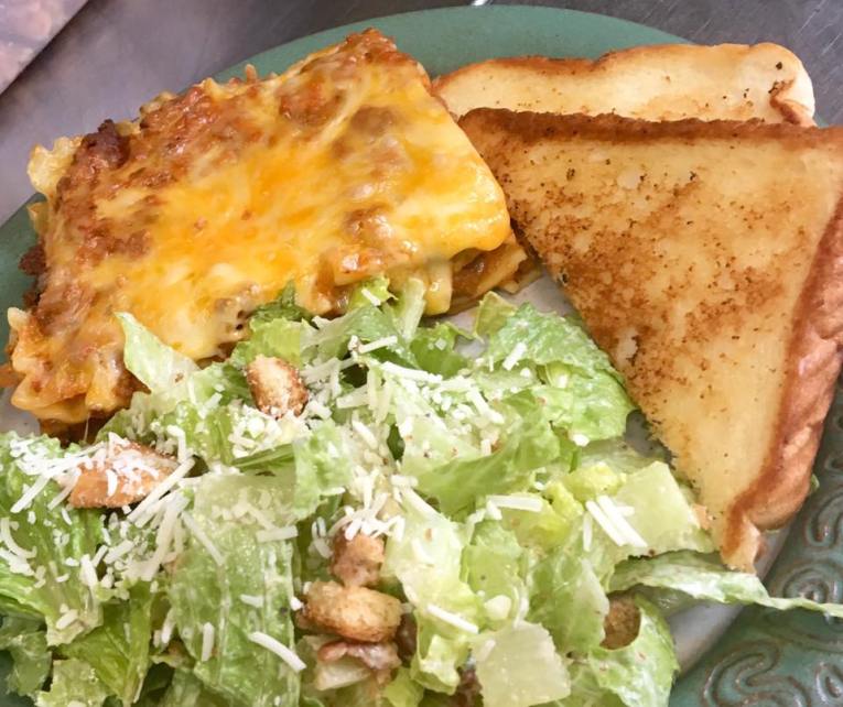 Lasagna and Caesar Salad and Garlic Toast at O'Sheas Pub and Eatery