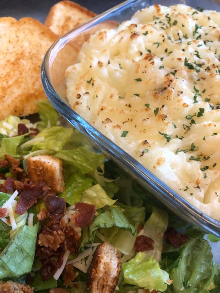 Shepherds Pie with Caesar Salad and Garlic Bread at O'Sheas Pub and Eatery